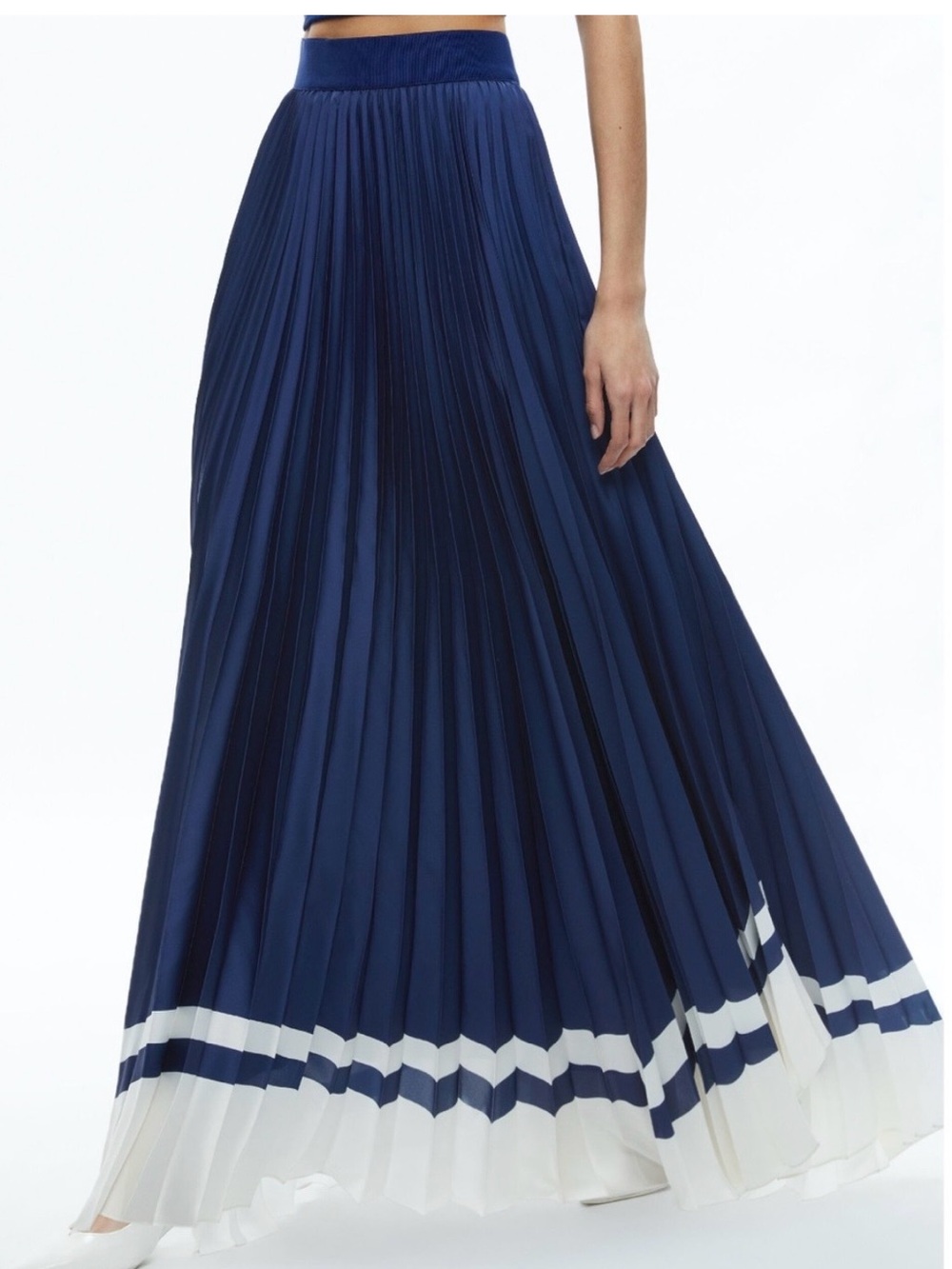 Alice + Olivia Katz Pleated Maxi Skirt Indigo/Off White 6 MSRP $495 NWT (read)